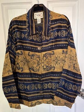 Vintage Tantrums Blue Embellished and Gold Persian Style Button Up with Postcard